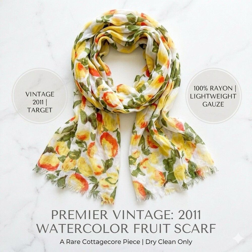 Target Vintage 2011 Fruit Print Scarf Yellow Orange Peach Lemon 100% Rayon Light